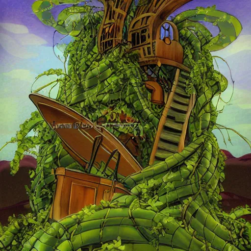 Prompt: A treasure planet piano, atop a throne of vines, by Jim Buckels,