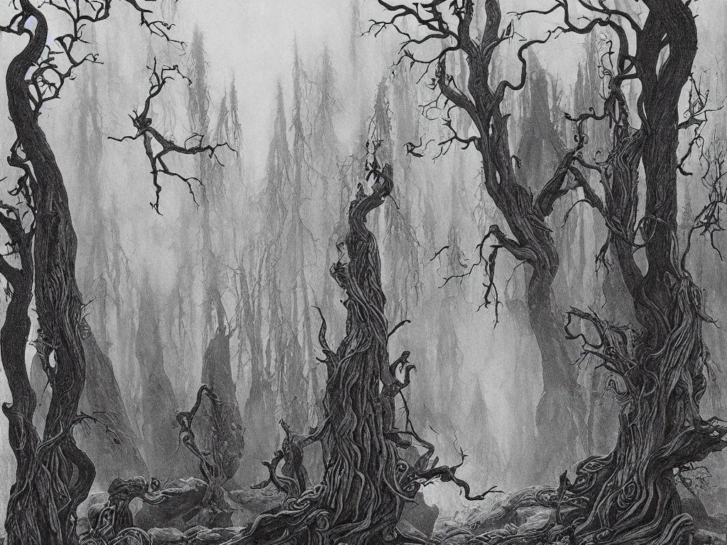 Image similar to ancient forest, artstation, by aubrey beardsley, by caspar david friedrich, by laurie lipton, by kay nielsen, by ivan shishkin, calligraphy, divine, spiritual, paradox, mysterious!, atmospheric, surreal, terrifying, witchcraft!, hope, mountains! background