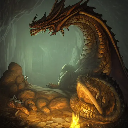 Prompt: a very old dragon sleeping near her loot, in a cave, dark - lit with torches along the walls, with many gold coins, many treasures, piled around, very high detail, 8 k, artstation
