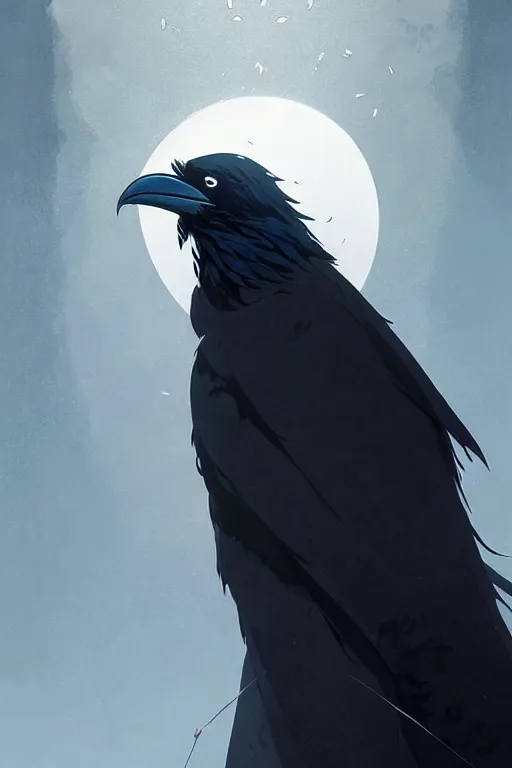 Image similar to raven headed warlock doing magic spells wind, white robes, finely detailed perfect face, exquisite details, mid view, design on a white background, by studio muti, greg rutkowski makoto shinkai takashi takeuchi studio ghibli