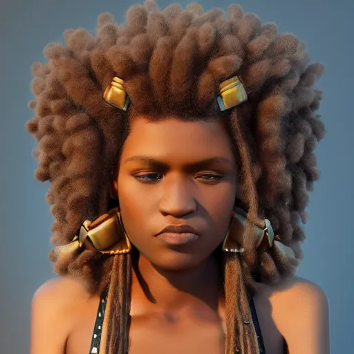 Image similar to a handsome afro hair viking girl african american, clash royal style characters, unreal engine 5, octane render, detailed, cinematografic, cinema 4 d, artstation trending