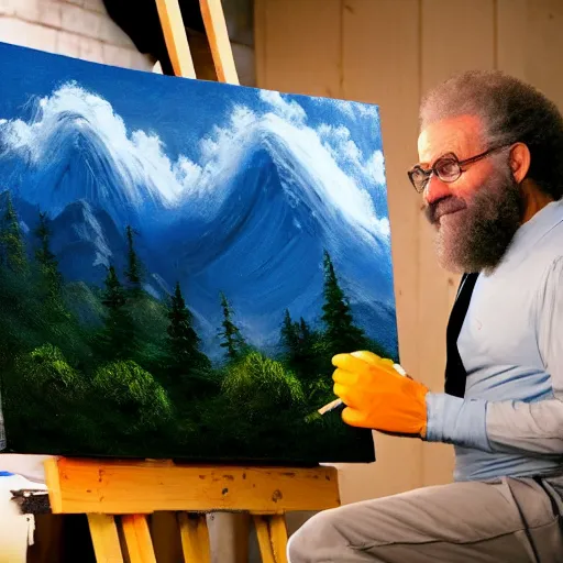 Image similar to a closeup photorealistic photograph of bob ross working on a canvas painting of cookie monster. film still. brightly lit scene. mountains and trees. this 4 k hd image is trending on artstation, featured on behance, well - rendered, extra crisp, features intricate detail, epic composition and the style of unreal engine.