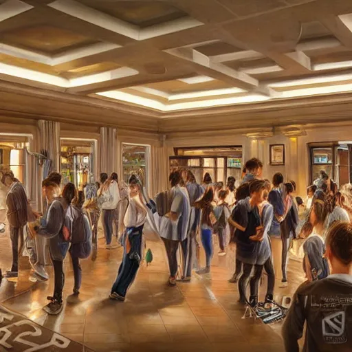 Image similar to a modern school reception, realistic, sharp focus, 8 k high definition, insanely detailed, intricate, elegant, art by stanley lau and artgerm