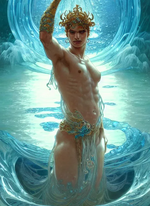 Image similar to a god of water, with hands and hair turning into water, fantasy, intricate, elegant, highly detailed, digital painting, artstation, concept art, wallpaper, smooth, sharp focus, illustration, art by artgerm and greg rutkowski and alphonse mucha