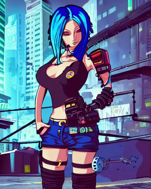 Image similar to cel shaded art of a pretty blue haired girl, jet grind radio graphics, cyberpunk city street background