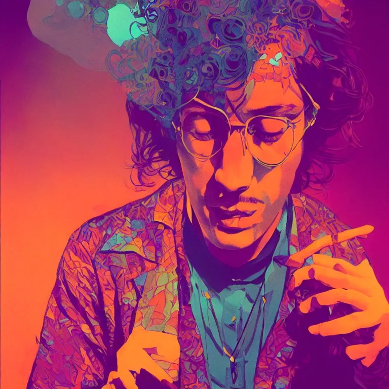 Image similar to duotone trippy 1 9 6 0 s lsd concept illustration portrait of a hippy rock musician. studio scene. volumetric lighting. golden ratio accidental renaissance. by sachin teng and sergey kolesov and ruan jia and heng z. graffiti art, scifi, fantasy, hyper detailed. octane render. concept art. trending on artstation.