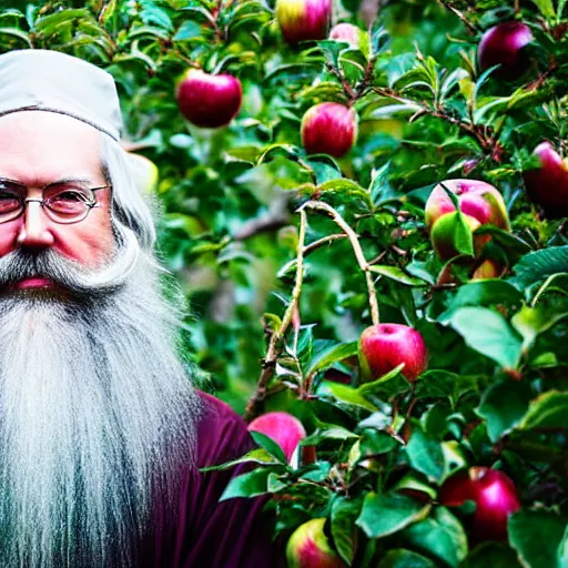 Image similar to beautiful professional photograph of a wizard with a very long white beard, brewing brewing!!!, potions!!!, elixirs, potions!!! potions, in an apple orchard
