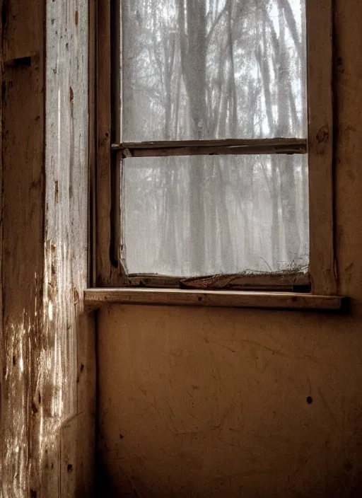 Prompt: a film production still, 2 8 mm, wide shot of a cabin interior, rooster, wooden furniture, cobwebs, spiderwebs, window light illuminates dust in the air, abandoned, depth of field, cinematic