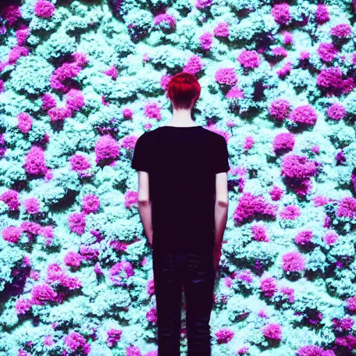 Prompt: kodak portra 4 0 0 photograph of a skinny blonde goth guy standing in front of floral wall, back view, moody lighting, telephoto, 9 0 s vibe, blurry background, vaporwave colors, faded!,