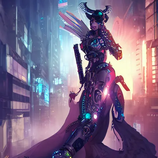 Image similar to A cyborg Valkyrie combined with a Geisha, in a cyberpunk city, concept art, art station, Award winning, unreal engine, 4K