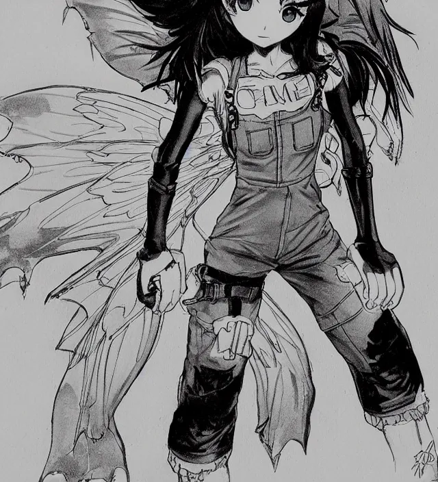 Image similar to full body pose, hd, manga anime portrait of a fairy girl in combat boots and overalls, in the style of frank miller, jim lee, detailed trending award winning on flickr artstation,