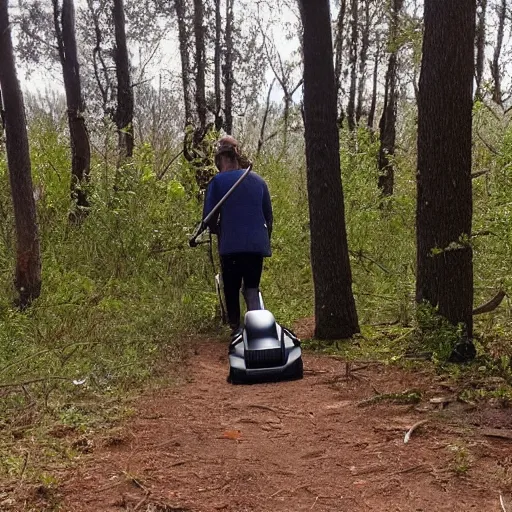 Prompt: trail cam footage of someone vacuuming a trail