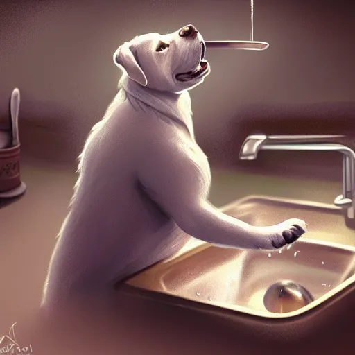 Image similar to a dog washing dishes, elegant, intricate, highly detailed, digital painting, artstation, concept art, sharp focus, illustration, 8 k