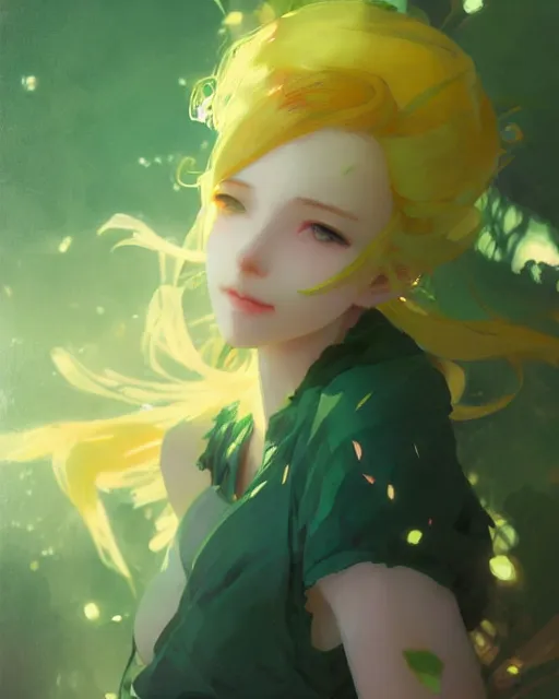 Image similar to girl with green hair and yellow clothing, flower decoration on the background, a beautiful half body illustration, top lighting, perfect shadow, soft painting, art by hidari and krenz cushart and wenjun lin