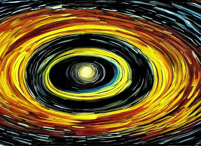 Image similar to painting of a wormhole black hole to another dimension, in the style of vincent van gogh and edward hopper and salvador dali