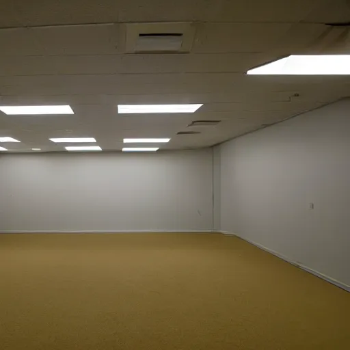 Image similar to Backrooms, where it's nothing but the stink of old moist carpet, the madness of mono-yellow, the endless background noise of fluorescent lights at maximum hum-buzz, and approximately six hundred million square miles of randomly segmented empty rooms to be trapped in
