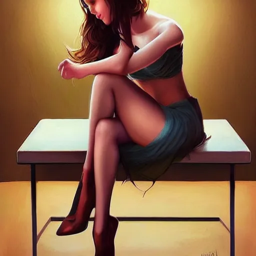 Prompt: beautiful girl leaning over table by artgerm, Pinterest