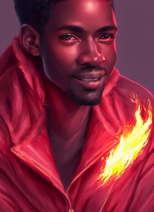 Prompt: a highly detailed illustration of attractive top cut haired african guy wearing red jacket, flaming glowing eyes, dramatic smile pose, intricate, elegant, highly detailed, centered, digital painting, artstation, concept art, smooth, sharp focus, league of legends concept art, wlop