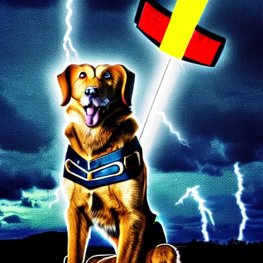 Image similar to a canine thor holding hammer with its paw, dramatic lightning background