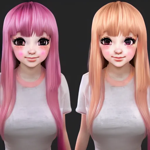 Image similar to Render of Nikki from Shining Nikki Dress-Up Game, a cute 3D young woman, long light pink hair, full bangs, full round face, hazel amber eyes, pale skin, cute freckles, light blush, Chinese heritage, smiling softly, wearing casual clothing, interior lighting, cozy living room background, medium shot, mid-shot, hyperdetailed, trending on Artstation, Unreal Engine 4k