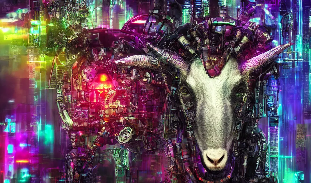 Image similar to complex cyberpunk machine background merged with evil cybernetic goat head centered!, multicolored digital art