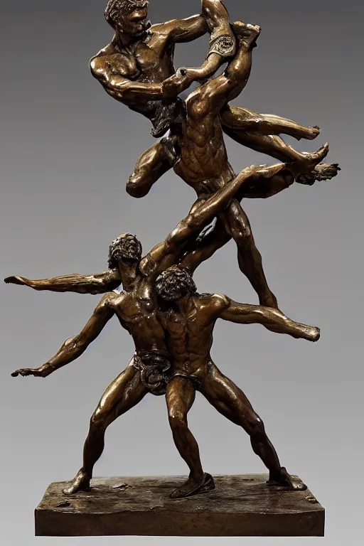 Image similar to a beautiful bronze sculpture of a fighting scene beetwen david and goliath by christophe charbonnel, rust and plaster materials