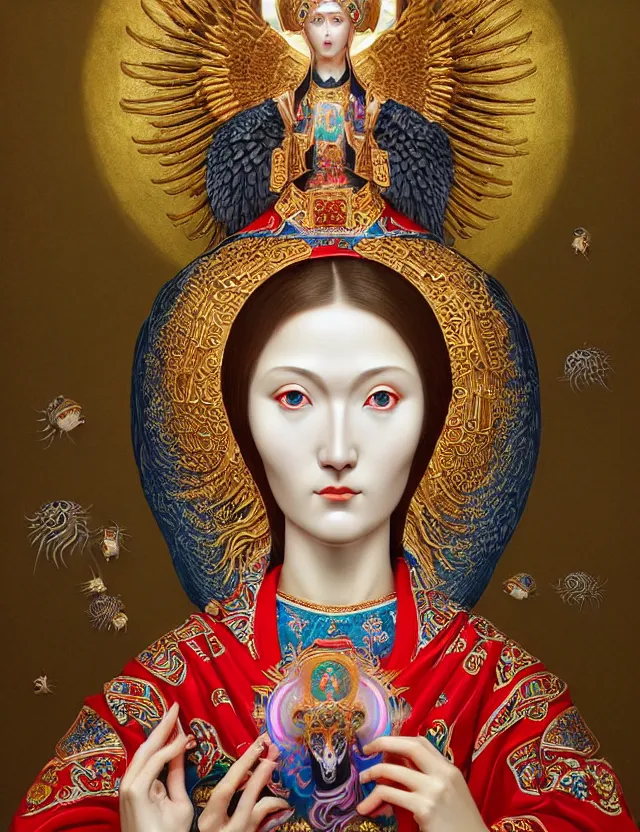 Image similar to 3 d goddess close - up profile portrait russian orthodox icon with ram skull. beautiful intricately detailed japanese crow kitsune mask and clasical japanese kimono. betta fish, jellyfish phoenix, bio luminescent, plasma, ice, water, wind, creature, artwork by tooth wu and wlop and beeple and greg rutkowski