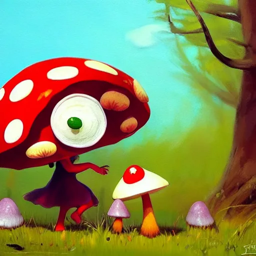 Image similar to goro fujita ilustration a cheerful girly monster collecting mushrooms in the forest, painting by goro fujita, sharp focus, highly detailed, artstation