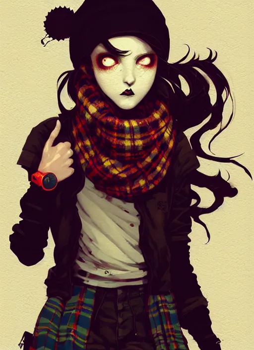 Prompt: highly detailed portrait of a sewer ( ( emo punk ) ) lady student, beanie, tartan scarf, curly hair by atey ghailan, by greg rutkowski, by greg tocchini, by james gilleard, by joe fenton, by kaethe butcher, gradient red, black, brown and cream color scheme, grunge aesthetic!!! graffiti tag wall background