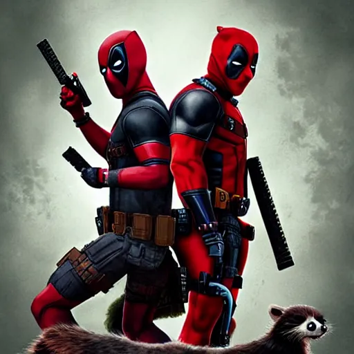 Image similar to deadpool and rocket raccoon together digital art 4 k detailed super realistic