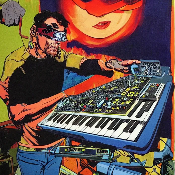 Image similar to cyclops (from x-men) playing an MPC 2000XL, colourful painting by Toni Toscani,