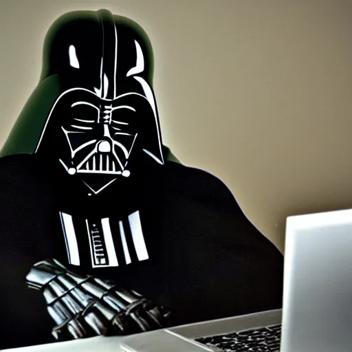 Prompt: Darth Vader programming on his laptop, so frustrated that his python code won't work