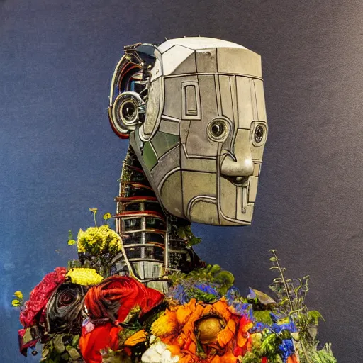 Prompt: a sculpture of a robot wearing a mask made of flowers, by annie swynnerton and diego rivera, symbolist, dramatic lighting, elaborate geometric ornament, art brut, soft cool colors, smooth, sharp focus, extremely detailed, adolf wolfli and dan munford