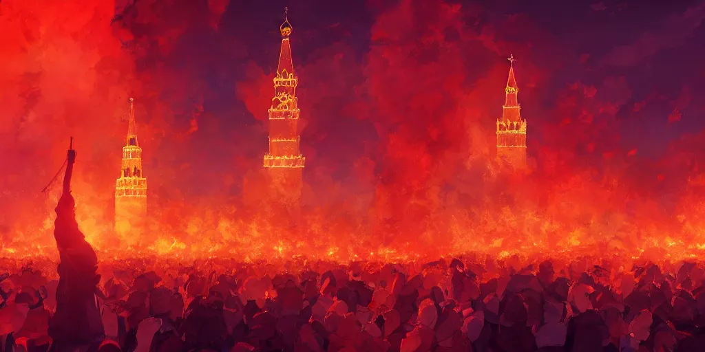 Image similar to high quality picture of burning Red Square in Moscow in flame, rich vivid colors, ambient lighting, dynamic lighting, 4k, HQ, official media, anime key visual, makoto shinkai, ilya kuvshinov, lois van baarle, rossdraws, detailed, trending on artstation