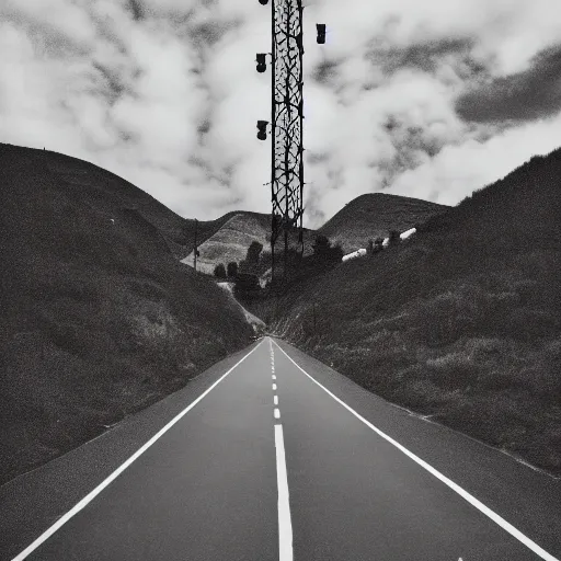 Image similar to a road next to warehouses, and a hill background with a radio tower on top, disposable camera effect