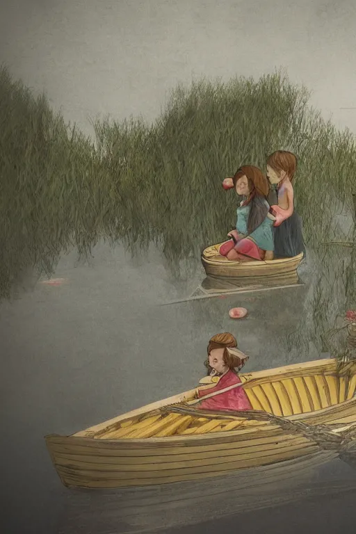 Image similar to two little girls sit in a small bamboo boat in a lake, with renaissance ambiance, moonlit night dreamy atmosphere, artstation, smooth, sharp details, 8K