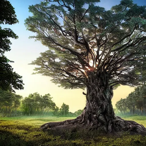 Prompt: horrific, spectacular tree in a thickly vegetated forest, fantasy, dreamlike sunraise, ultra realistic