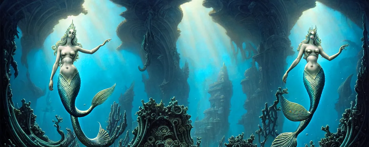 Image similar to a graceful beautiful mermaid looking at the sunken city of Atlantis deep under water, stunning undersea intricate detailed grand architecture in the style of Joe Fenton, art style by Greg Rutkowski and Mohrbacher and Gerald Brom and H. R. Giger, deep underwater scene, dark and moody, rays of sunlight, faint volumetric god rays, grim crushing atmosphere, trending on artstation, masterpiece, claustrophobic, dizzy, sharp focus, 8k octane beautifully detailed render, post-processing, extremely hyperdetailed, intricate, epic composition, grim yet sparkling atmosphere, cinematic lighting + masterpiece, trending on artstation, very detailed, Art Nouveau