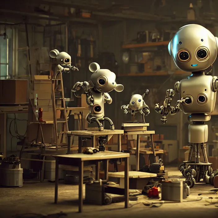 Image similar to crew of robot - workers building giant mouse - movie prop - head in quaint workshop, octane render, 4 k ultra hd, hyper - detailed, realistic, seedy lighting, sharp focus, in style of beeple