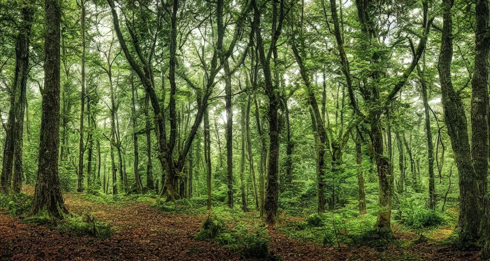 Image similar to A landscape photo of a beautiful forest scene. PROMPT, XF IQ4, 150MP, 50mm, f/1.4, ISO 200, 1/160s, natural light, Adobe Photoshop, Adobe Lightroom, DxO Photolab, Corel PaintShop Pro, rule of thirds, symmetrical balance, depth layering, polarizing filter, Sense of Depth, AI enhanced