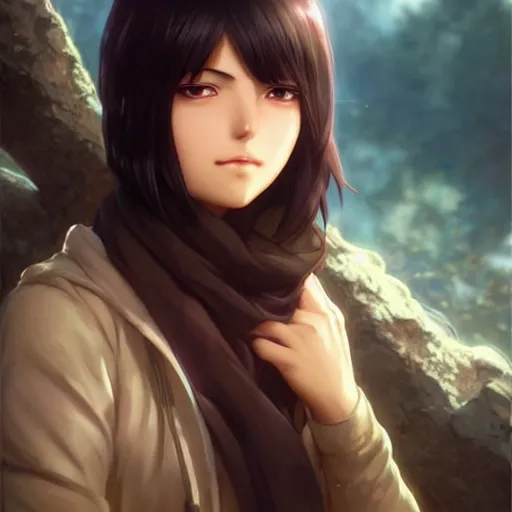 Image similar to mikasa ackerman, bokeh, beautiful face!!!!, 2 7 years old, cg animation, lifelike, animated, realistic, character select portrait, by artgerm, greg rutkowski, alphonse mucha, 3 d