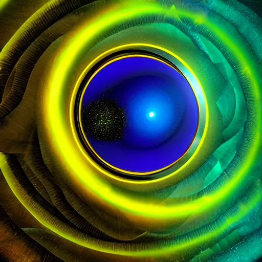 Prompt: abstract artwork of a black hole inside a golden dodecahedron, a blue and green nebula in background