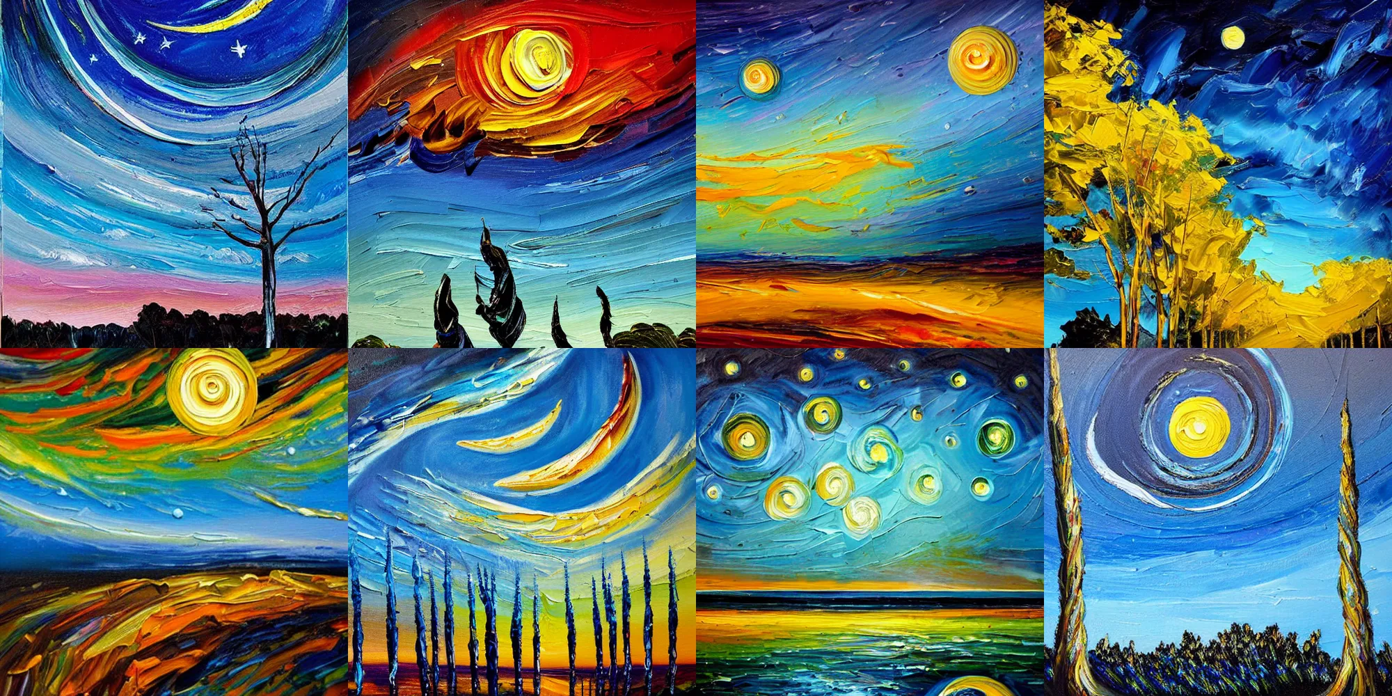 Prompt: rich expressive colorful brush strokes, textured thick palette knife painted oil-paint The oil-on-canvas painting is dominated by a night sky roiling with chromatic blue swirls, a glowing yellow crescent moon, and stars rendered as radiating orbs. One or two cypress trees, often described as flame-like, tower over the foreground to the left, their dark branches curling and swaying to the movement of the sky that they partly obscure. Amid all this animation, a structured village sits in the distance on the lower right of the canvas. Straight controlled lines make up the small cottages and the slender steeple of a church, which rises as a beacon against rolling blue hills. The glowing yellow squares of the houses suggest the welcoming lights of peaceful homes, creating a calm corner amid the painting’s turbulence.