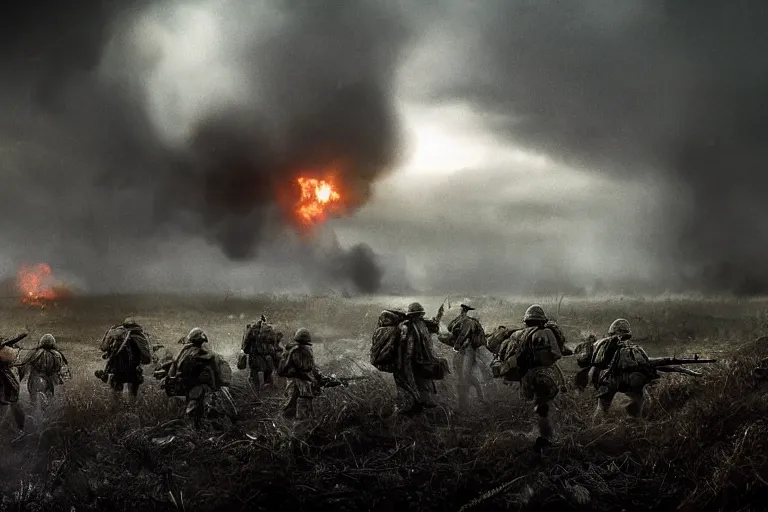 Image similar to chaotic battlefield, multiple soldiers on the ground!, thick dark smoke!, vehicles on fire, heavy rain from thick clouds, storm, overgrowth, (mushroom cloud) in the background, bleak, melancholy atmosphere, band of brothers, bf1942, 4k artwork by Gregory Crewdson and Grzegorz Domaradzki and Ivan Shishkin and Jakub Rozalski