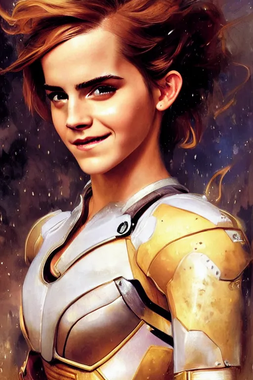 Image similar to emma watson smiling closeup portrait futuristic fractal fightsuit bustier armoured shorts gaston bussiere craig mullins j. c. leyendecker short wet hair