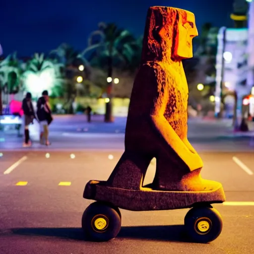 Image similar to a moai roller skating on the street, set at night