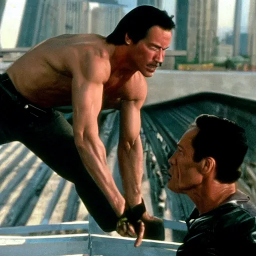 Prompt: keanu reeves fighting bruce willis and jean claude van damme on top of a bridge