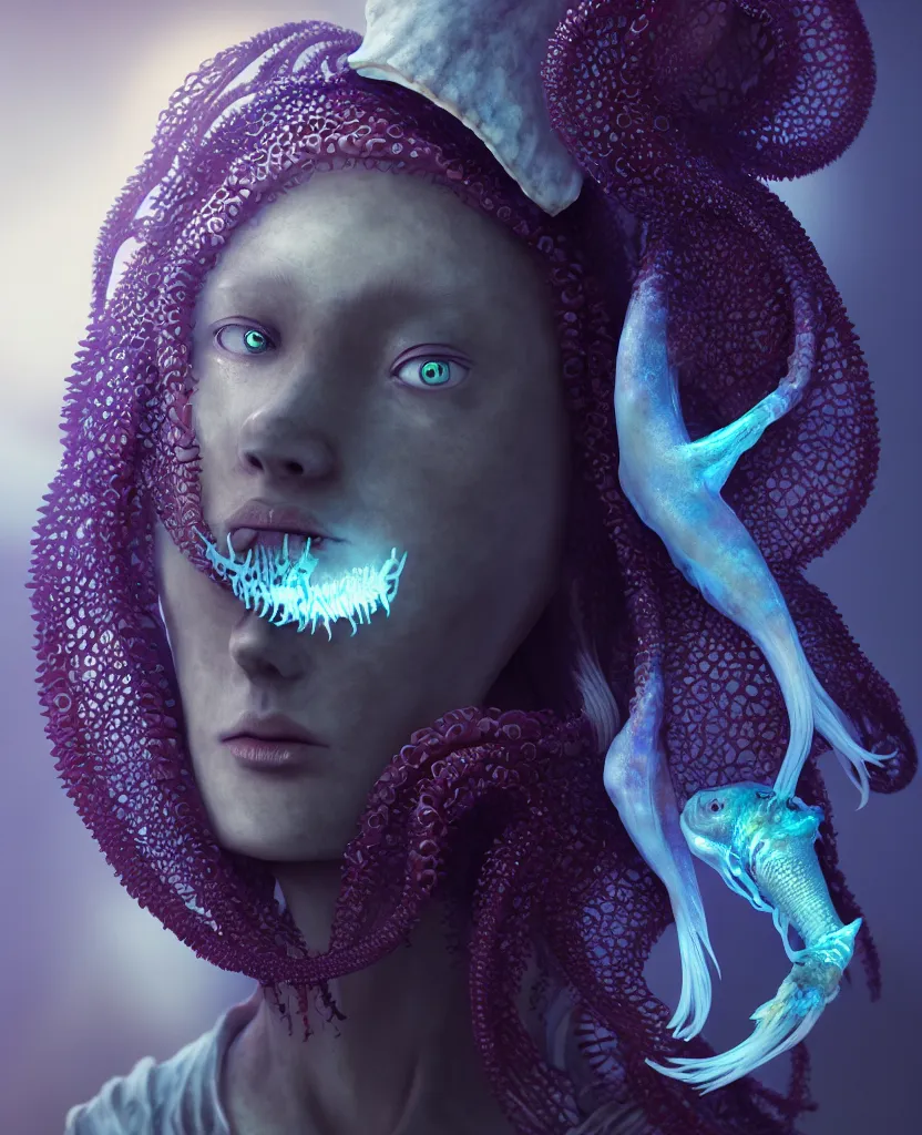 Image similar to hooded goddess close - up portrait hooded human skull, ram skull, squid phoenix jellyfish, orchid, betta fish, bioluminiscent, intricate artwork by tooth wu and wlop and beeple. octane render, trending on artstation, greg rutkowski very coherent symmetrical artwork. cinematic, hyper realism, high detail, octane render, 8 k