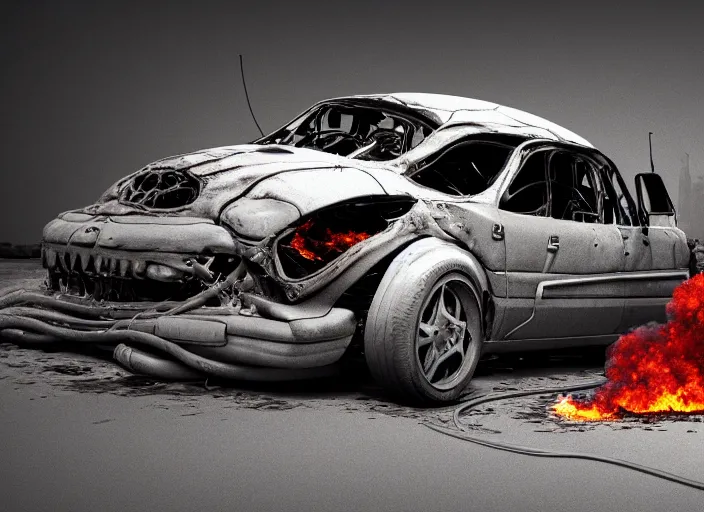 Image similar to a big woman intertwined axolotl in burning wrecked mercedes 1 2 4, ultrafine hyperdetailed illustration by kim jung gi, masterpiece. rendered in blender, smooth shadows, ultra detail, high resolution, unreal 6, 8 k