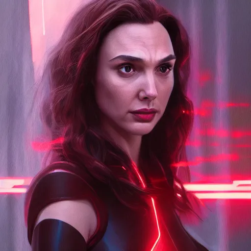 Image similar to a potrait of Gal Gadot as Scarlet witch by Greg Rutkowski, Sung Choi, Mitchell Mohrhauser, Maciej Kuciara, Johnson Ting, Maxim Verehin, Peter Konig, 8k photorealistic, cinematic lighting, HD, high details, dramatic, trending on artstation, full body shot